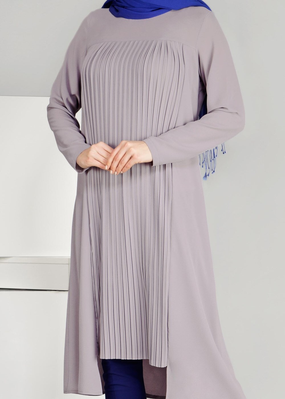 Tesettür giyim BEJ T 968 Piliseli Tesettür Tunik-Hewes Line