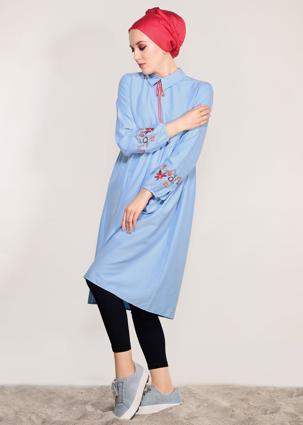 Vêtements hijab BLEU T 0991 Nakış Detaylı Salaş Tunik-Yılmazlar