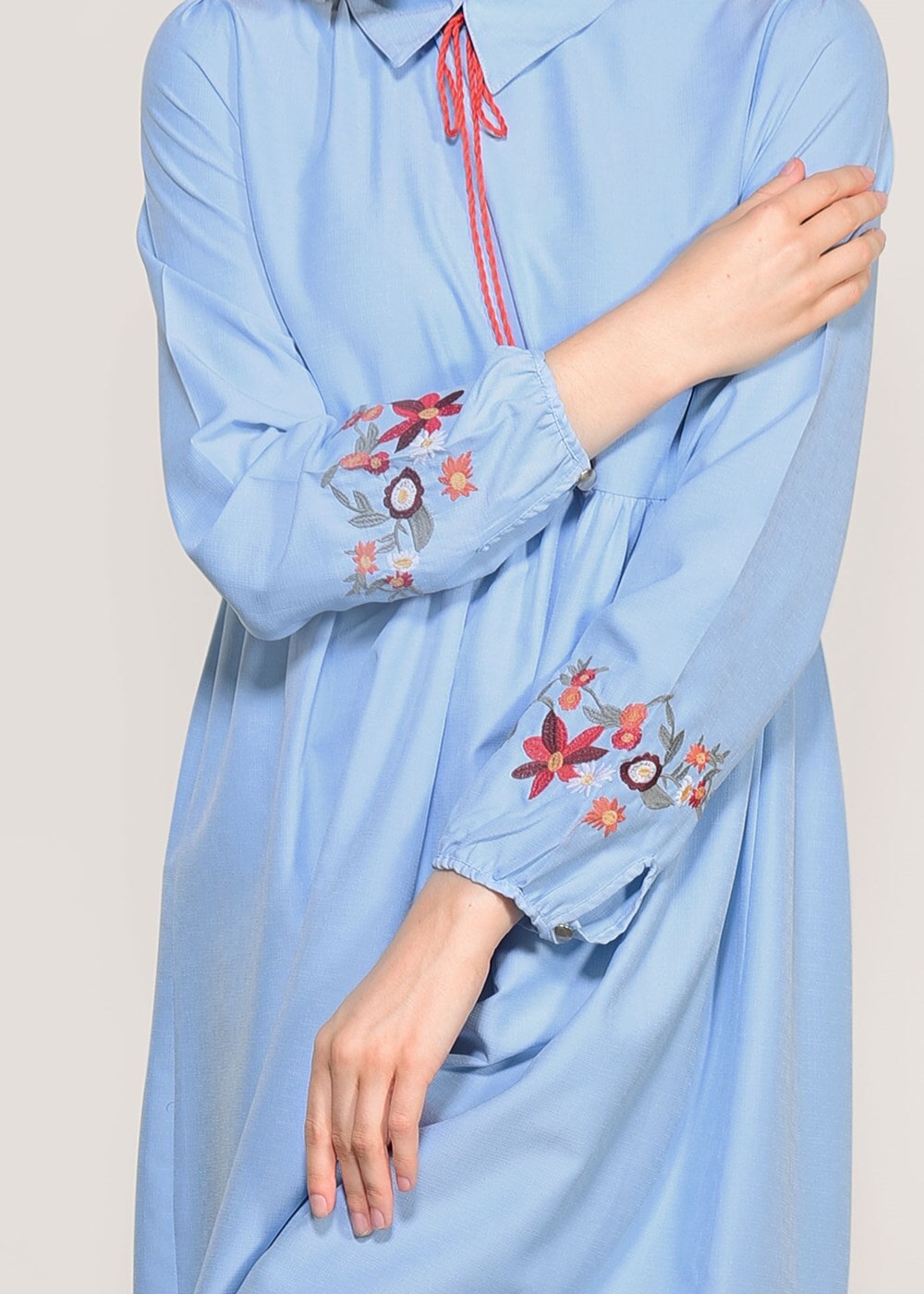 Vêtements hijab BLEU T 0991 Nakış Detaylı Salaş Tunik-Yılmazlar
