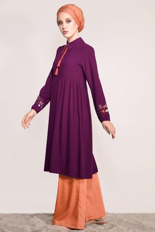 Vêtements hijab  T 0991 Nakış Detaylı Salaş Tunik-Yılmazlar - TRENDTESETTÜR