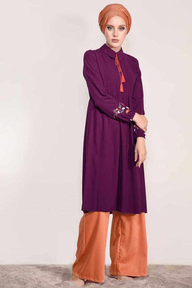 Vêtements hijab  T 0991 Nakış Detaylı Salaş Tunik-Yılmazlar - TRENDTESETTÜR