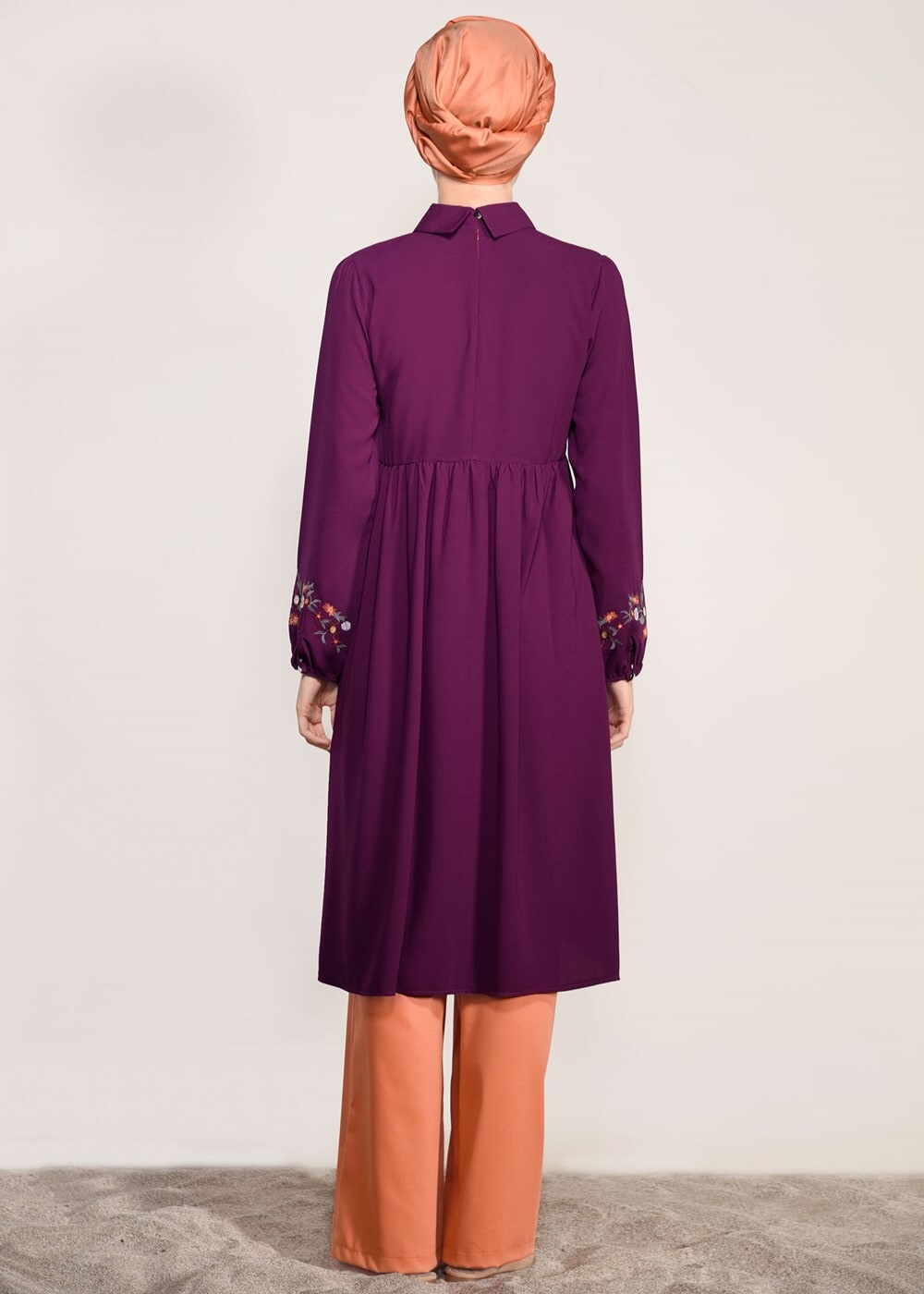 Hijab clothing PURPLE T 0991 Nakış Detaylı Salaş Tunik-Yılmazlar