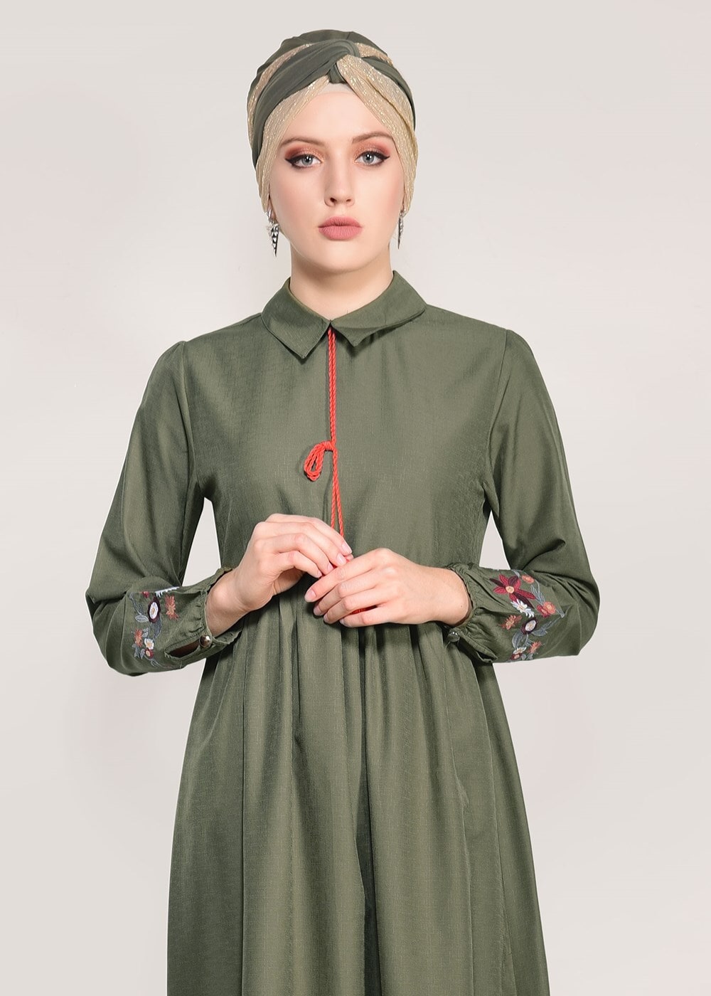 Hijab clothing KHAKI T 0991 Nakış Detaylı Salaş Tunik-Yılmazlar