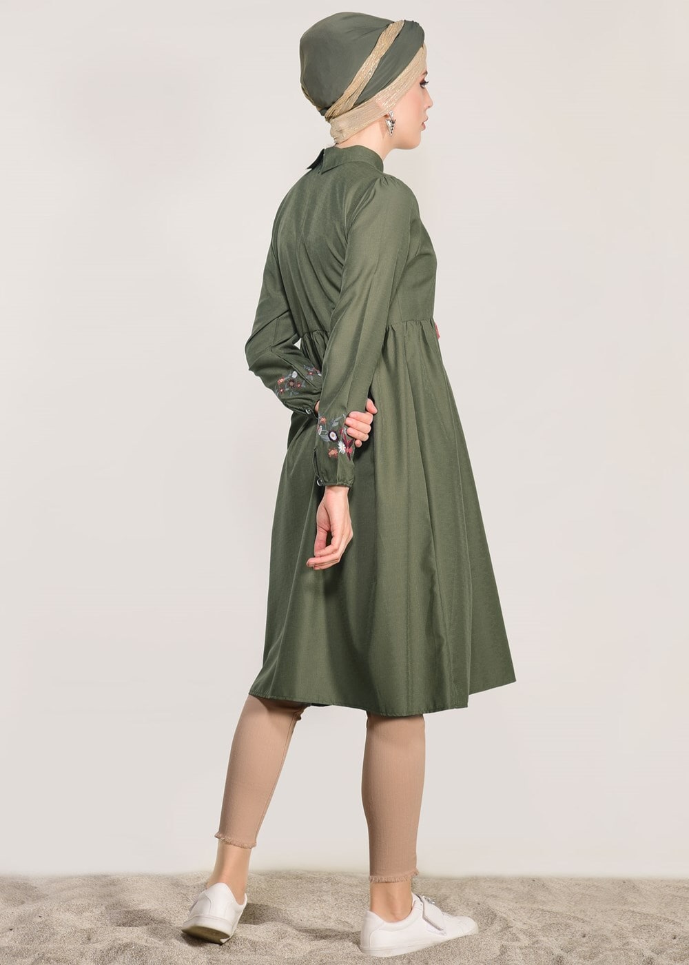 Hijab clothing KHAKI T 0991 Nakış Detaylı Salaş Tunik-Yılmazlar
