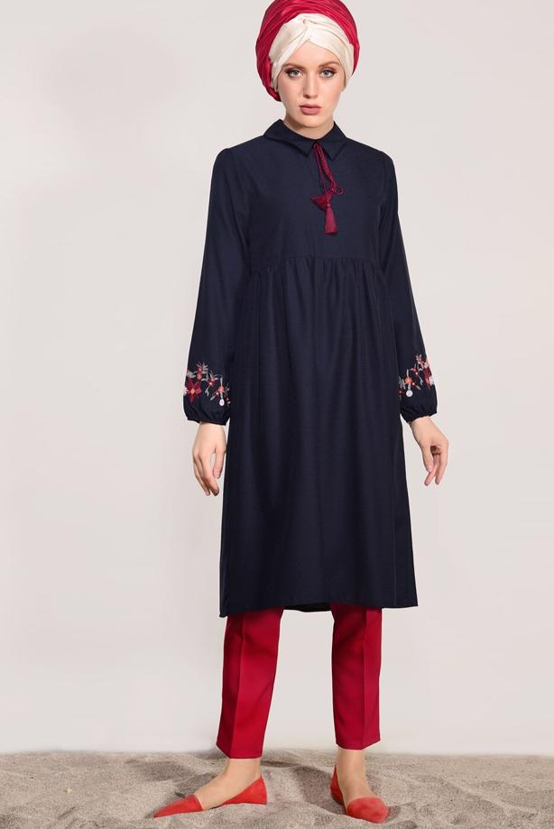 Vêtements hijab  T 0991 Nakış Detaylı Salaş Tunik-Yılmazlar - TRENDTESETTÜR