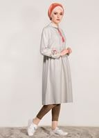 Hijab clothing BEIGE T 0991 Nakış Detaylı Salaş Tunik-Yılmazlar