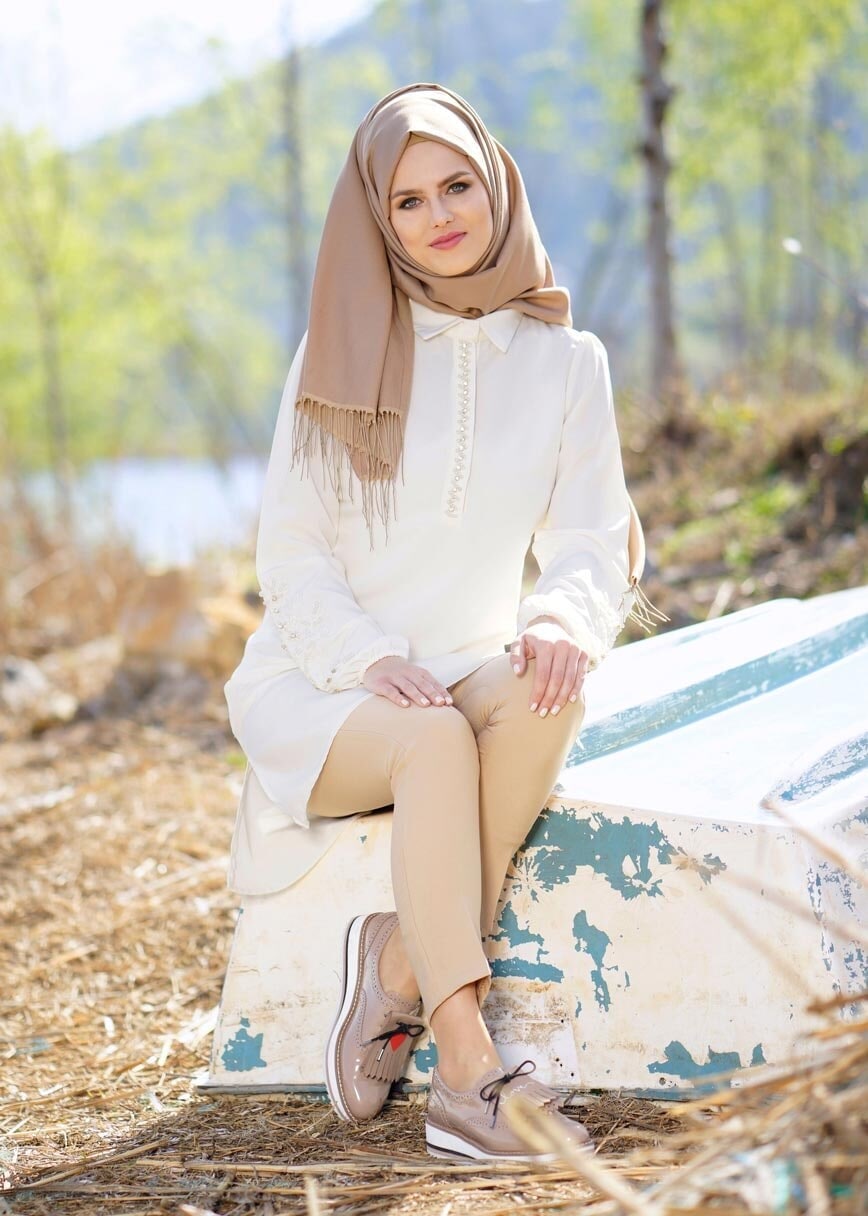 Vêtements hijab CRÈME T 1013 Gürbüz-Erkek Yaka Tunik