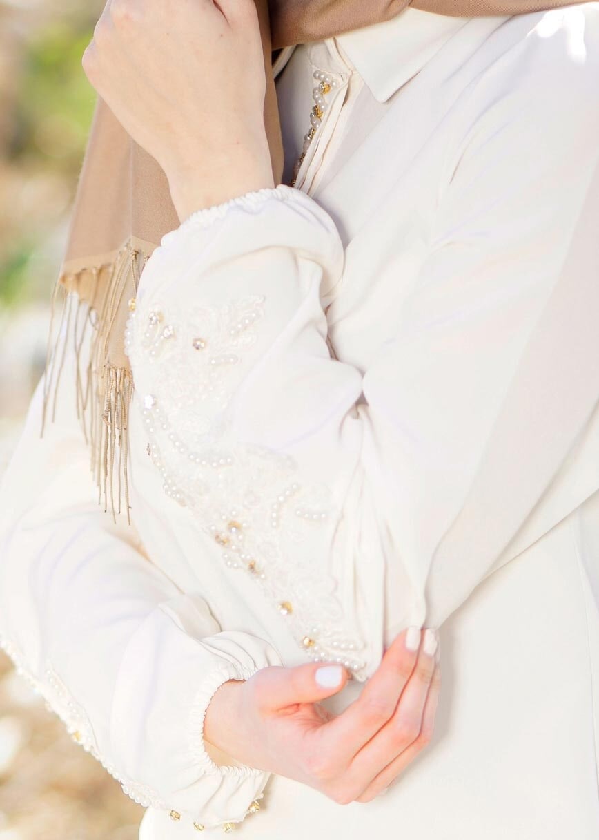 Vêtements hijab CRÈME T 1013 Gürbüz-Erkek Yaka Tunik