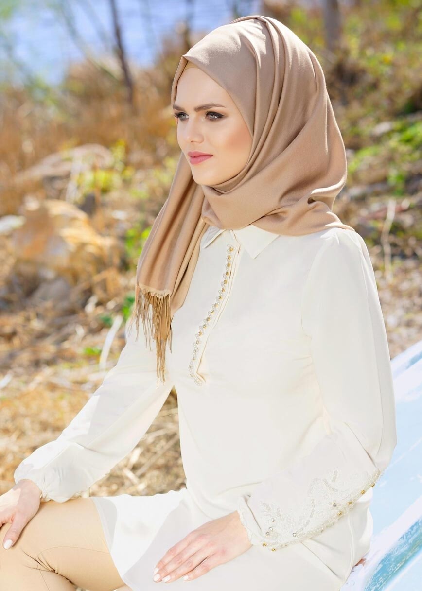 Vêtements hijab ÉCRU T 1013 Gürbüz-Erkek Yaka Tunik