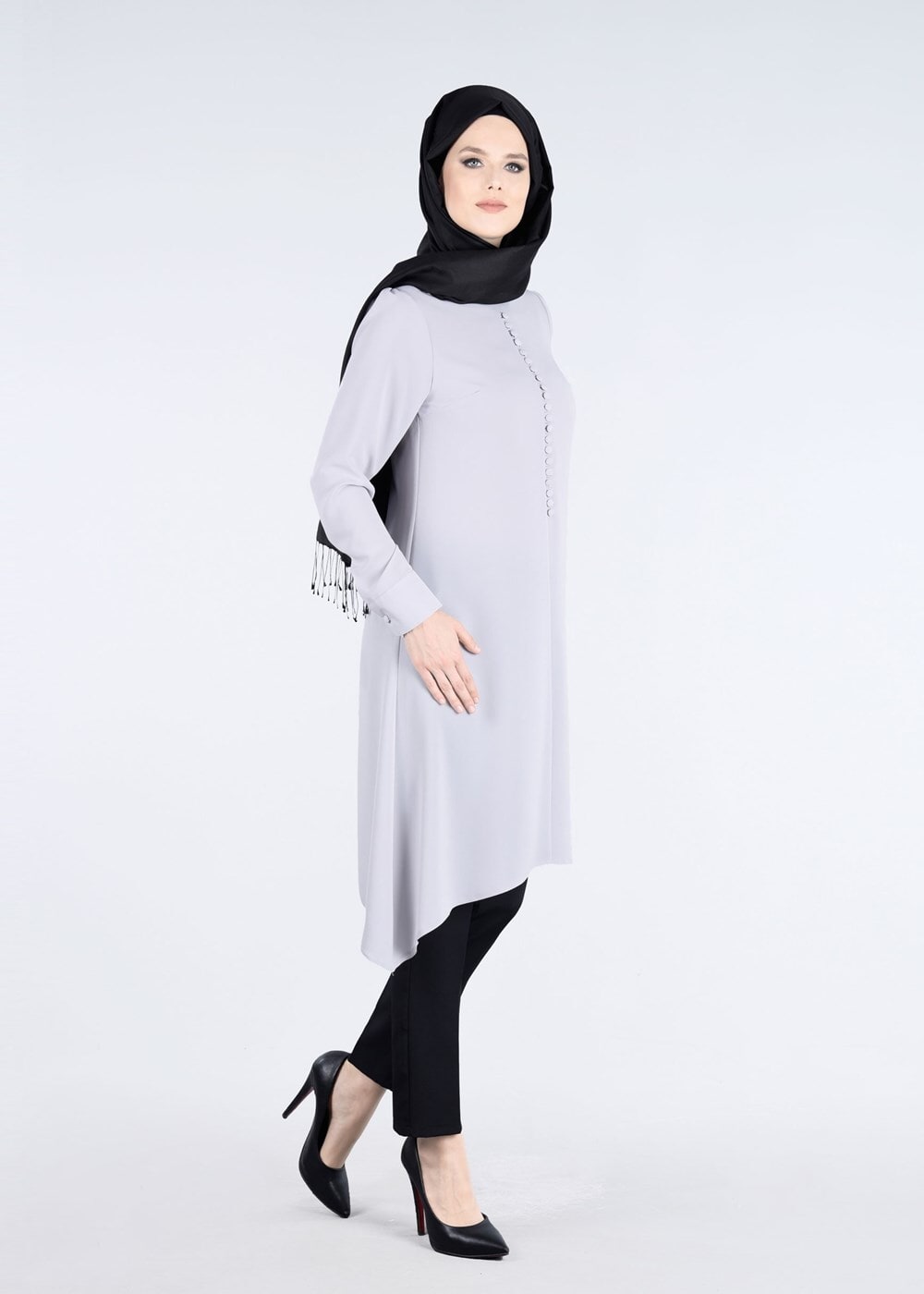 Tesettür giyim GRİ T 1025 Önden Düğmeli Hakim Yaka Tesettür Tunik-Pr Collection
