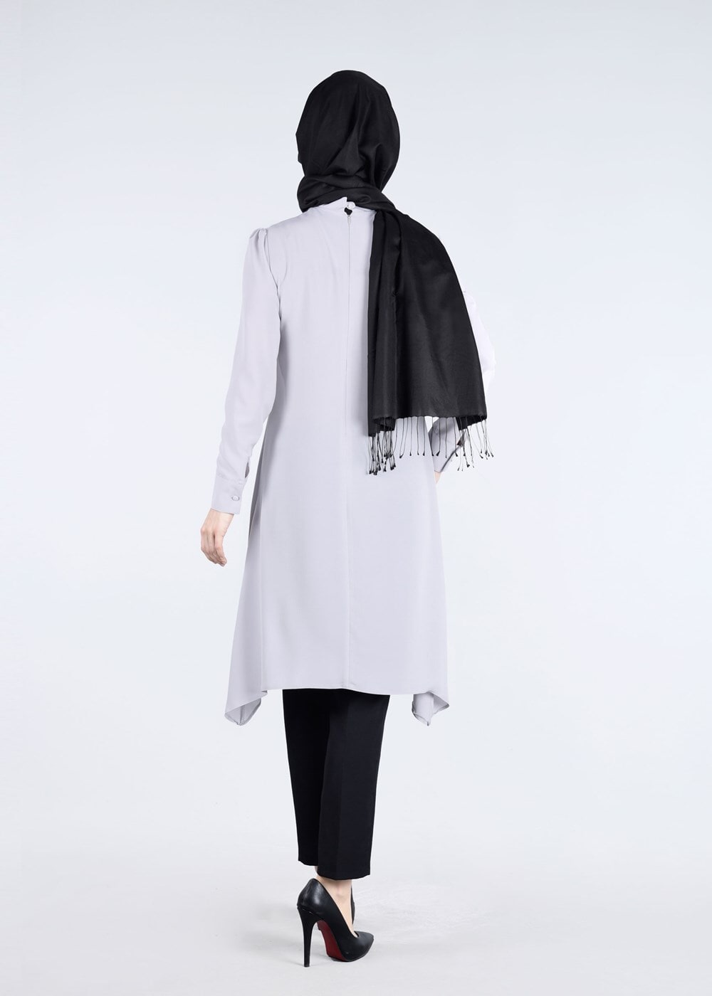 Tesettür giyim GRİ T 1025 Önden Düğmeli Hakim Yaka Tesettür Tunik-Pr Collection