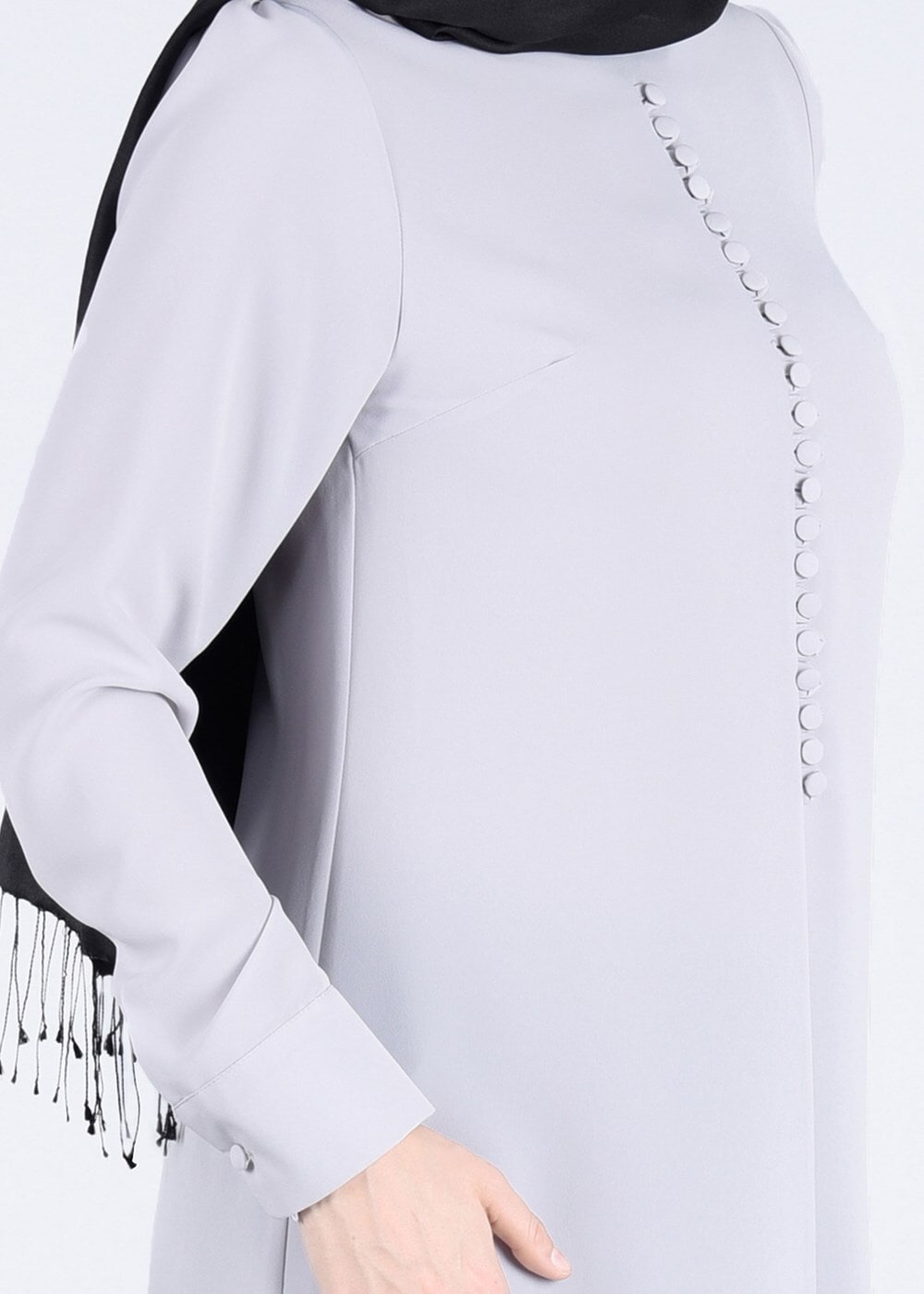 Tesettür giyim GRİ T 1025 Önden Düğmeli Hakim Yaka Tesettür Tunik-Pr Collection