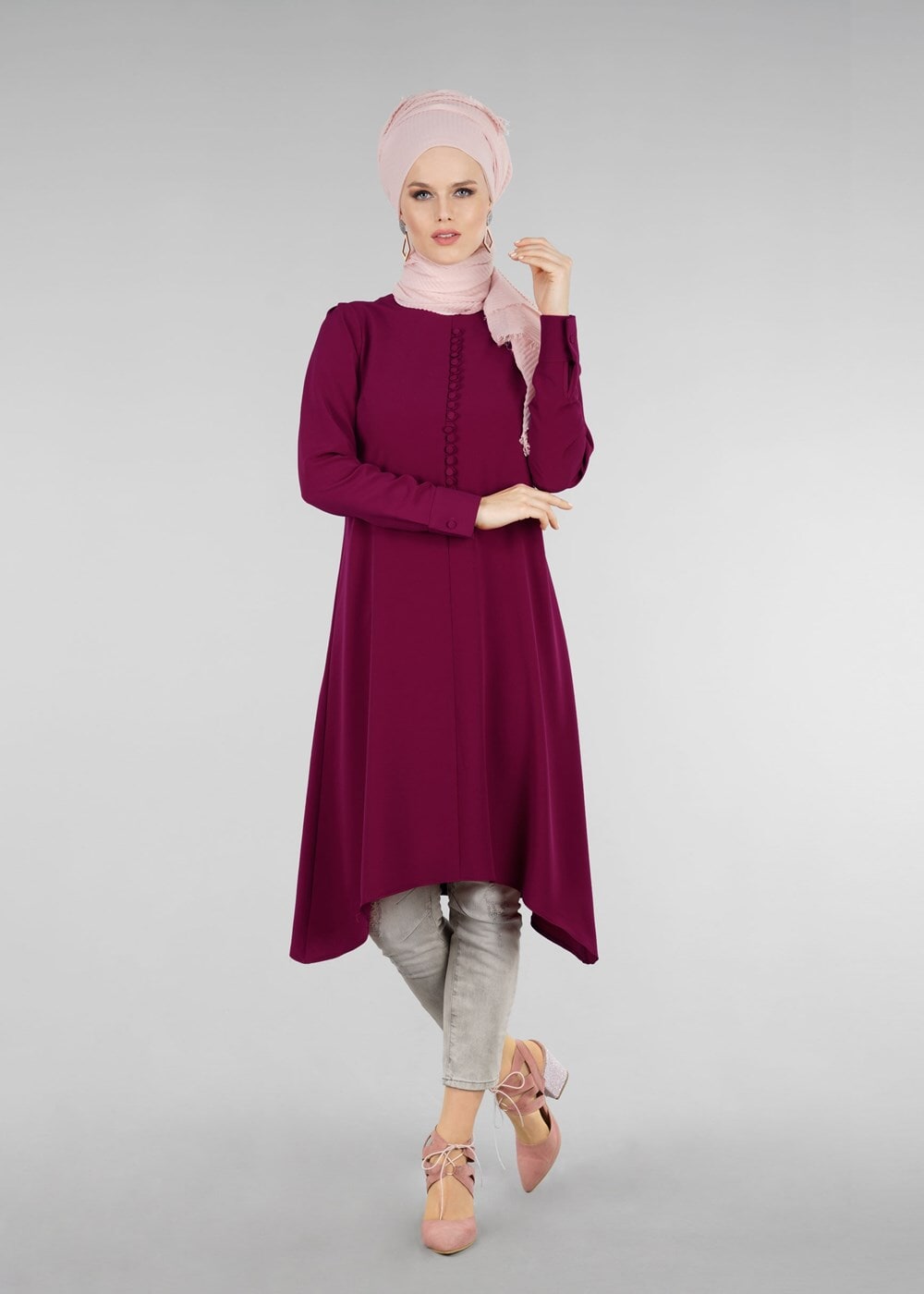 Tesettür giyim MOR T 1025 Önden Düğmeli Hakim Yaka Tesettür Tunik-Pr Collection