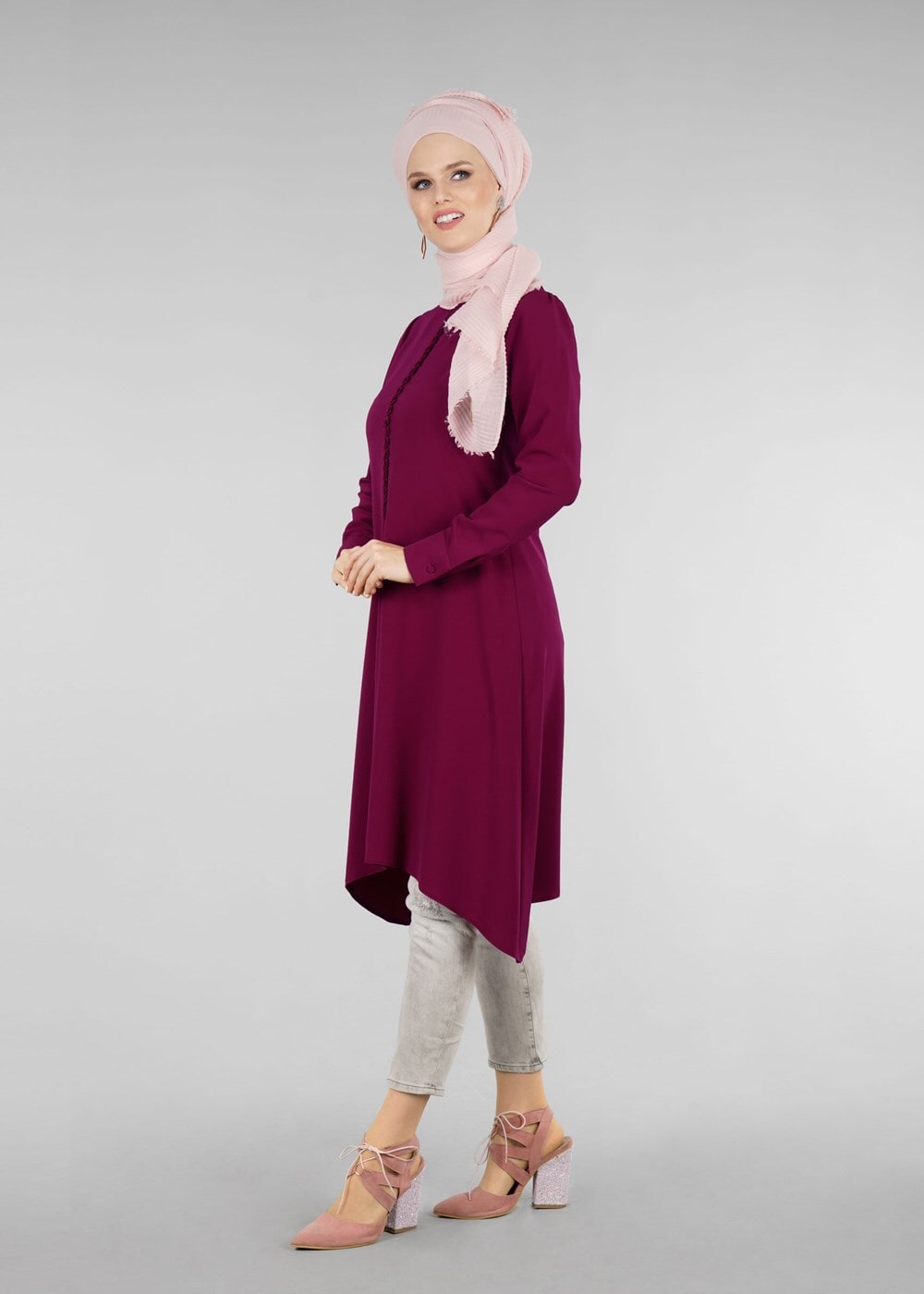 Tesettür giyim MOR T 1025 Önden Düğmeli Hakim Yaka Tesettür Tunik-Pr Collection