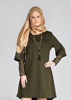 Tesettür giyim HAKİ T 1041  Dantel Detaylı Tunik-ModaBu