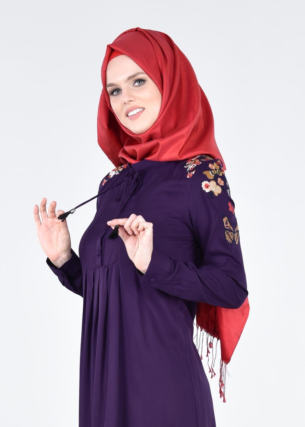 Vêtements hijab POURPRE T 1151 ModaHanne- Çiçek Desenli Uzun Tunik