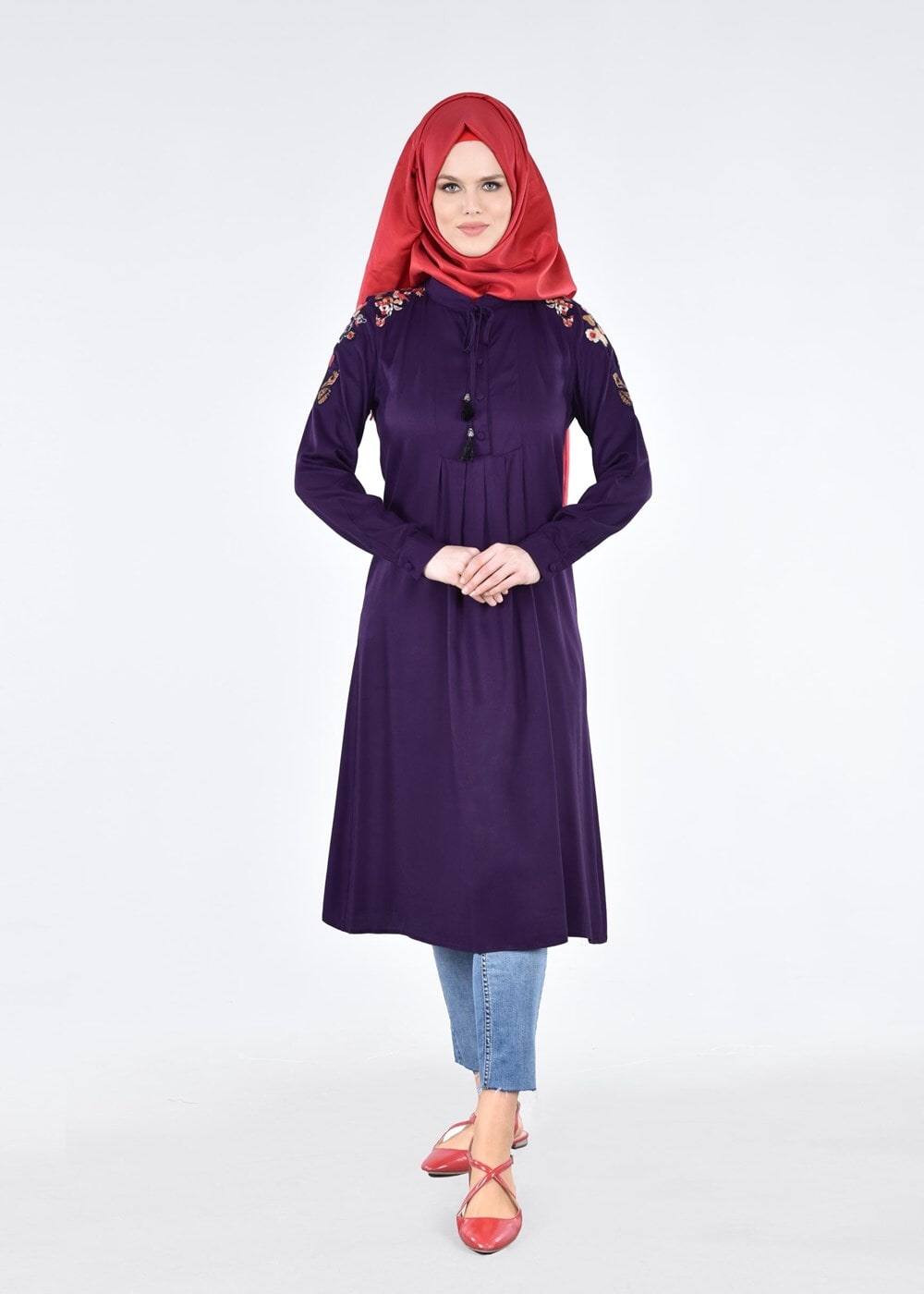 Vêtements hijab POURPRE T 1151 ModaHanne- Çiçek Desenli Uzun Tunik