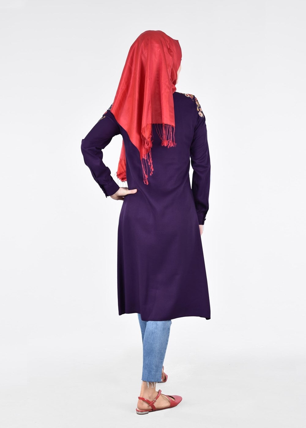 Vêtements hijab POURPRE T 1151 ModaHanne- Çiçek Desenli Uzun Tunik