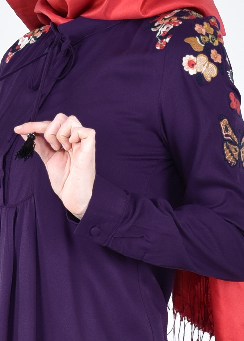Vêtements hijab POURPRE T 1151 ModaHanne- Çiçek Desenli Uzun Tunik