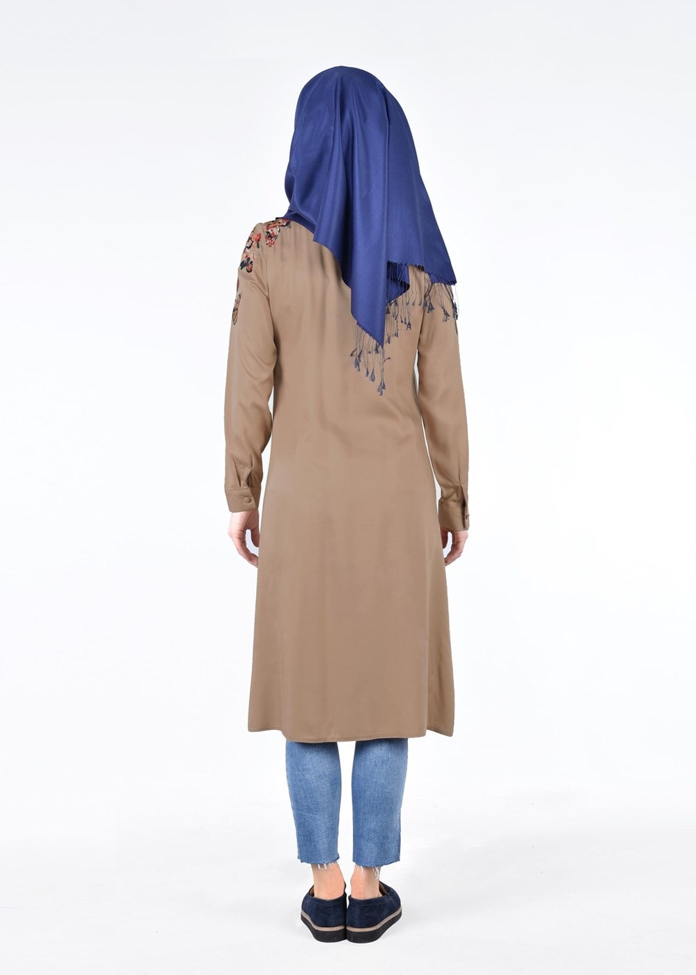 Hijab clothing BROWN T 1151 ModaHanne- Çiçek Desenli Uzun Tunik