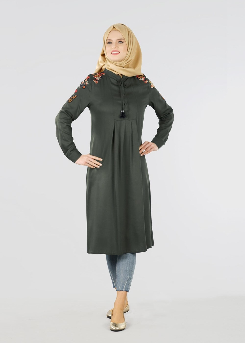 Hijab clothing KHAKI T 1151 ModaHanne- Çiçek Desenli Uzun Tunik