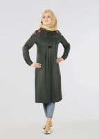 Hijab clothing KHAKI T 1151 ModaHanne- Çiçek Desenli Uzun Tunik