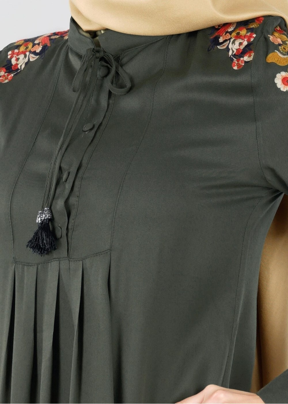 Vêtements hijab KAKI T 1151 ModaHanne- Çiçek Desenli Uzun Tunik