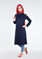 Hijab clothing NAVY BLUE T 1151 ModaHanne- Çiçek Desenli Uzun Tunik