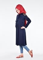 Hijab clothing NAVY BLUE T 1151 ModaHanne- Çiçek Desenli Uzun Tunik