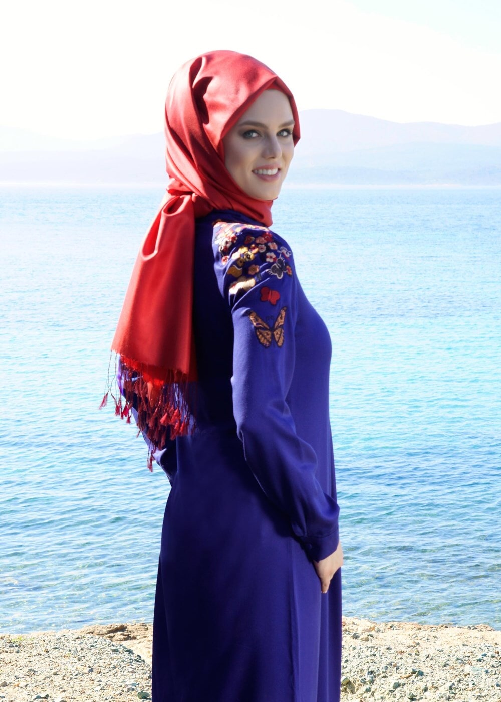 Hijab clothing NAVY BLUE T 1151 ModaHanne- Çiçek Desenli Uzun Tunik