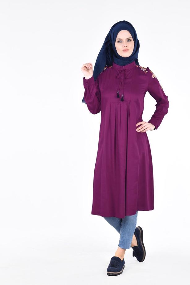 Vêtements hijab  T 1151 ModaHanne- Çiçek Desenli Uzun Tunik - TRENDTESETTÜR