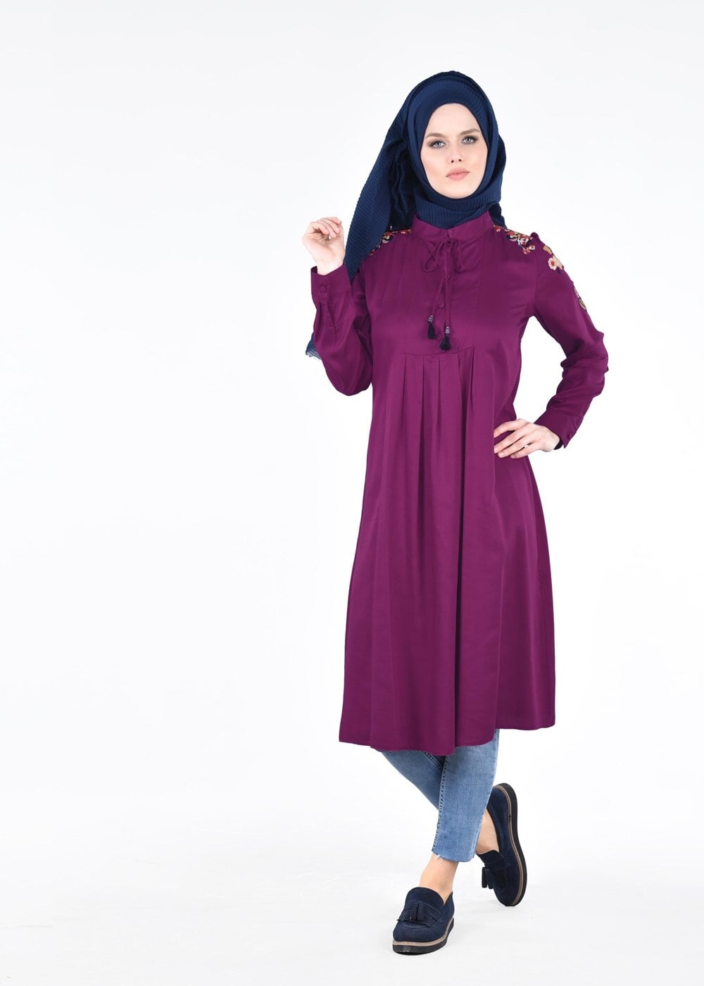 Hijab clothing PURPLE T 1151 ModaHanne- Çiçek Desenli Uzun Tunik