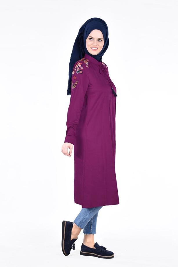 Vêtements hijab  T 1151 ModaHanne- Çiçek Desenli Uzun Tunik - TRENDTESETTÜR