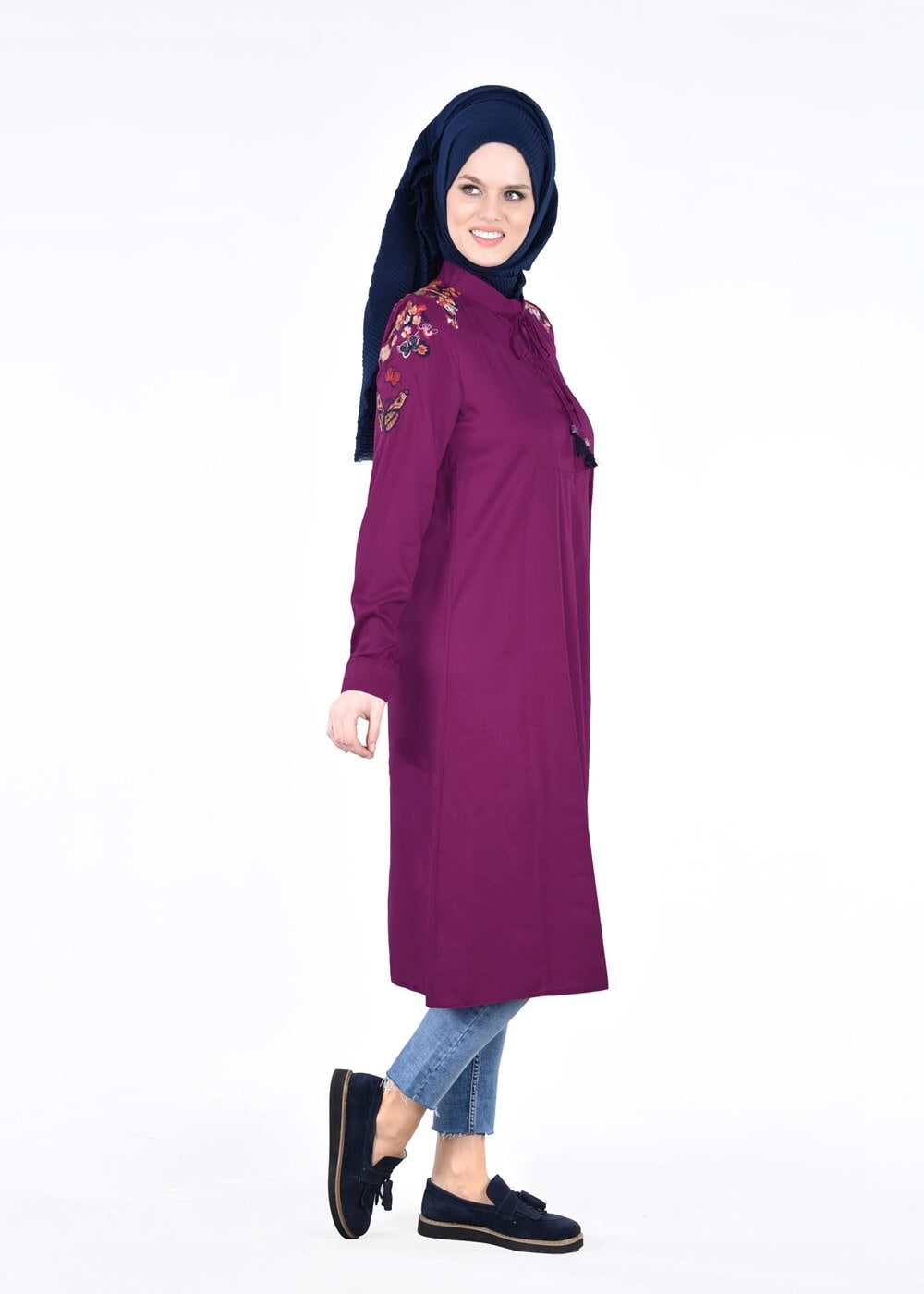 Hijab clothing PURPLE T 1151 ModaHanne- Çiçek Desenli Uzun Tunik