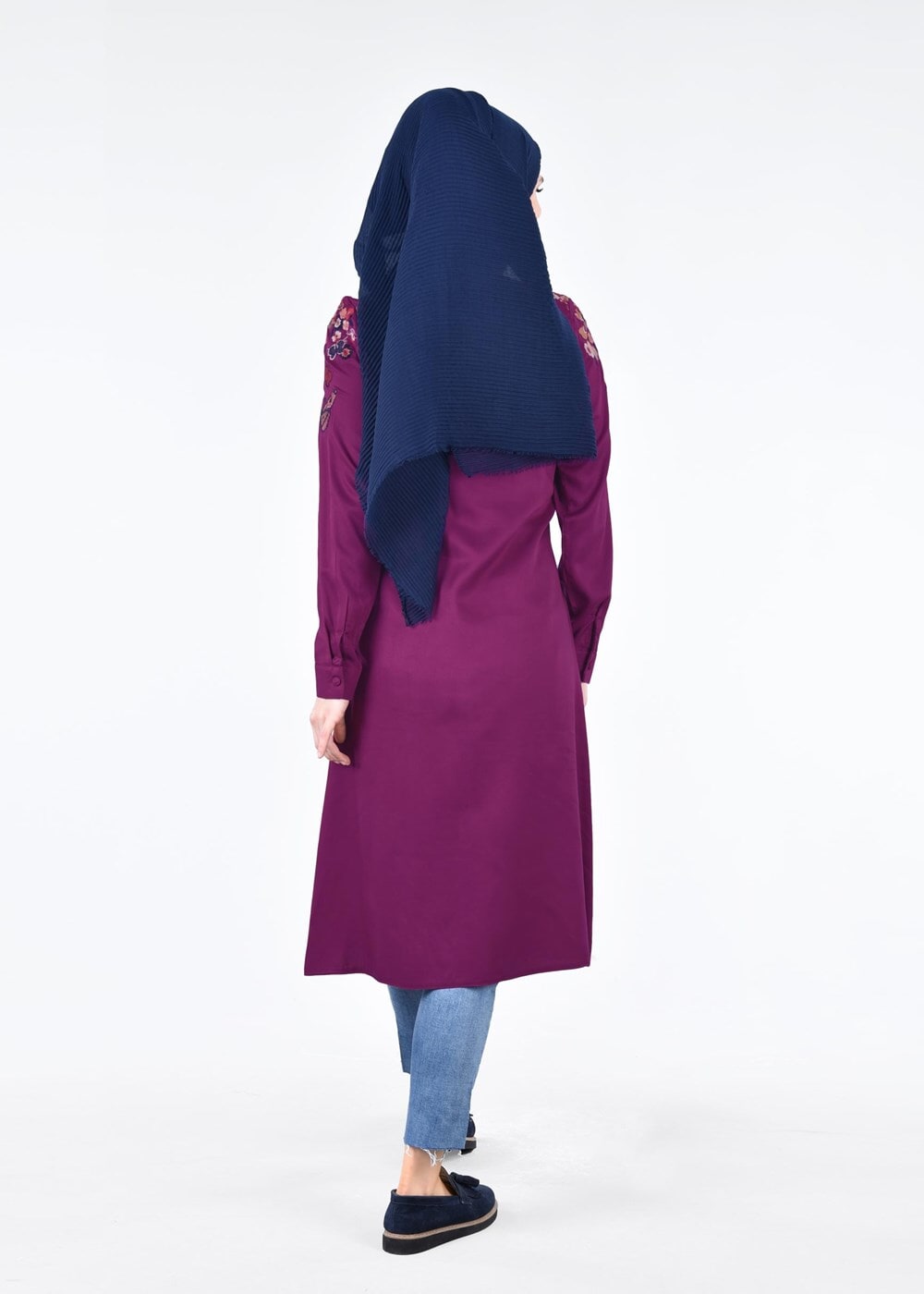 Vêtements hijab POURPRE T 1151 ModaHanne- Çiçek Desenli Uzun Tunik