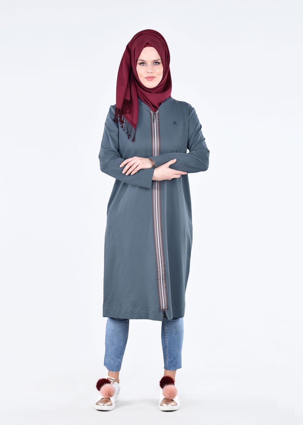 Vêtements hijab VERT T 1709 Allday-Fermuar Detaylı Tesettür Tunik