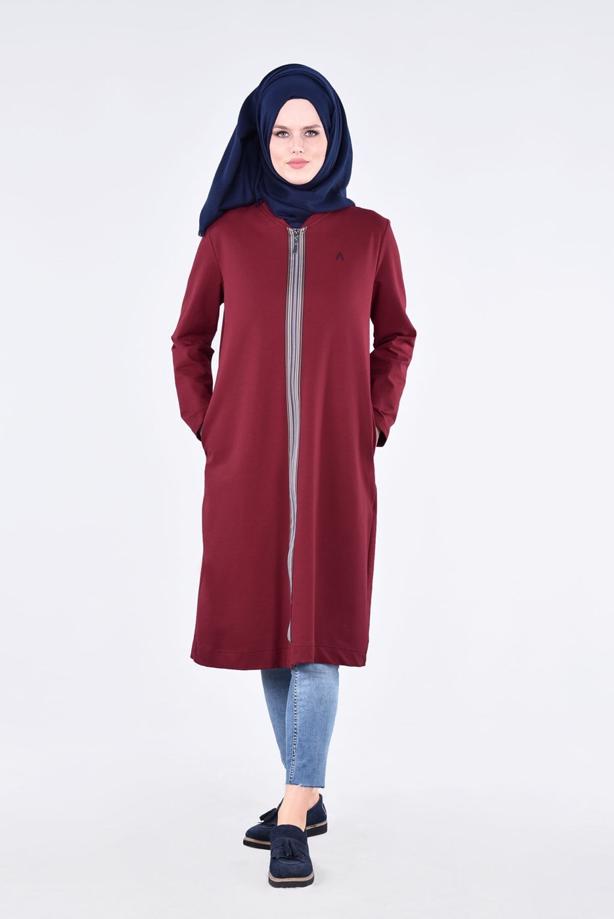 Vêtements hijab ROUGE BORDEAUX T 1709 Allday-Fermuar Detaylı Tesettür Tunik - TRENDTESETTÜR