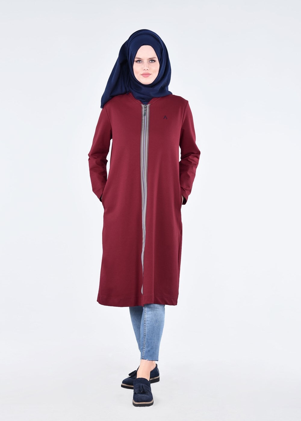 Vêtements hijab ROUGE BORDEAUX T 1709 Allday-Fermuar Detaylı Tesettür Tunik