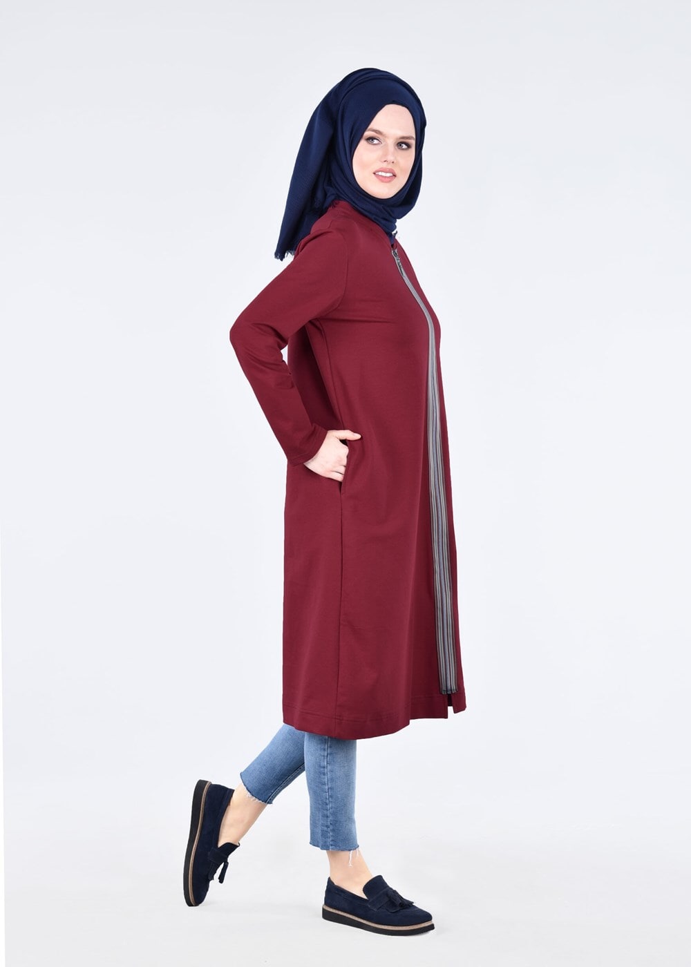 Vêtements hijab ROUGE BORDEAUX T 1709 Allday-Fermuar Detaylı Tesettür Tunik