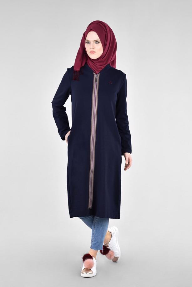 Vêtements hijab BLEU MARINE T 1709 Allday-Fermuar Detaylı Tesettür Tunik - TRENDTESETTÜR