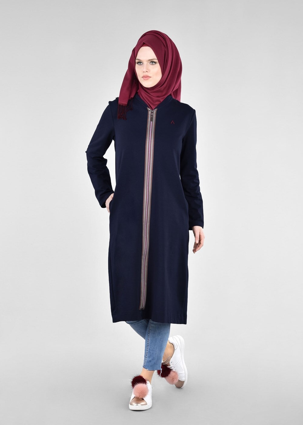 Vêtements hijab BLEU MARINE T 1709 Allday-Fermuar Detaylı Tesettür Tunik