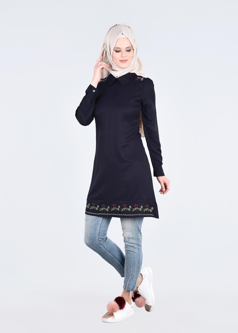 Hijab clothing NAVY BLUE T 1994 Yılmazlar-Çiçek Desenli  Tunik