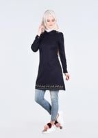 Hijab clothing NAVY BLUE T 1994 Yılmazlar-Çiçek Desenli  Tunik