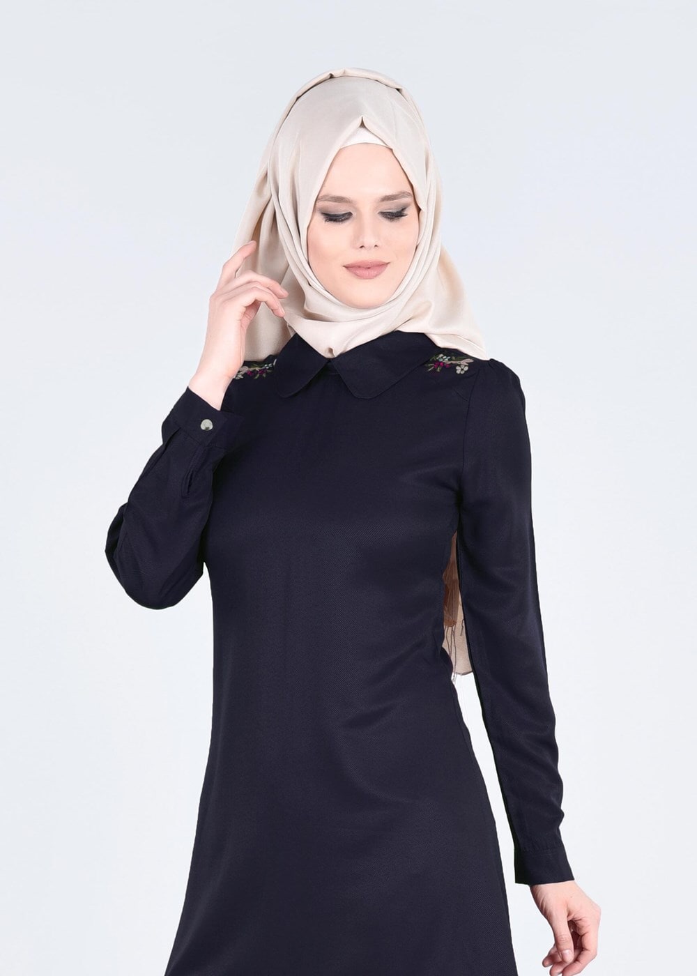 Hijab clothing NAVY BLUE T 1994 Yılmazlar-Çiçek Desenli  Tunik