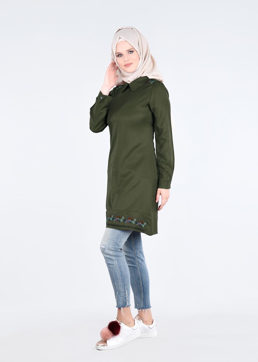 Vêtements hijab KAKI T 1994 Yılmazlar-Çiçek Desenli  Tunik