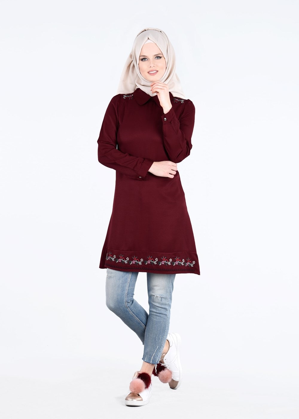 Vêtements hijab ROUGE BORDEAUX T 1994 Yılmazlar-Çiçek Desenli  Tunik