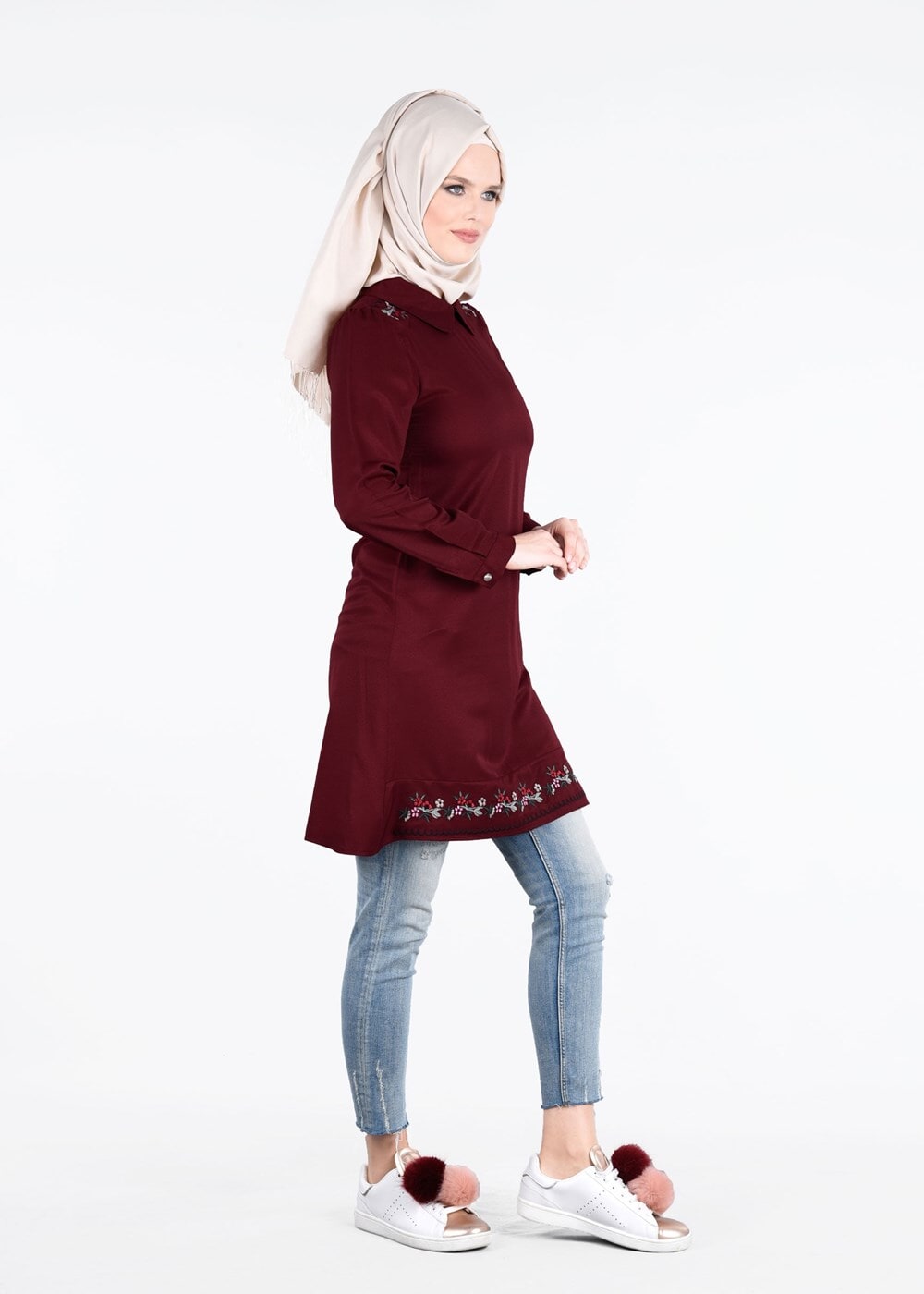 Vêtements hijab ROUGE BORDEAUX T 1994 Yılmazlar-Çiçek Desenli  Tunik