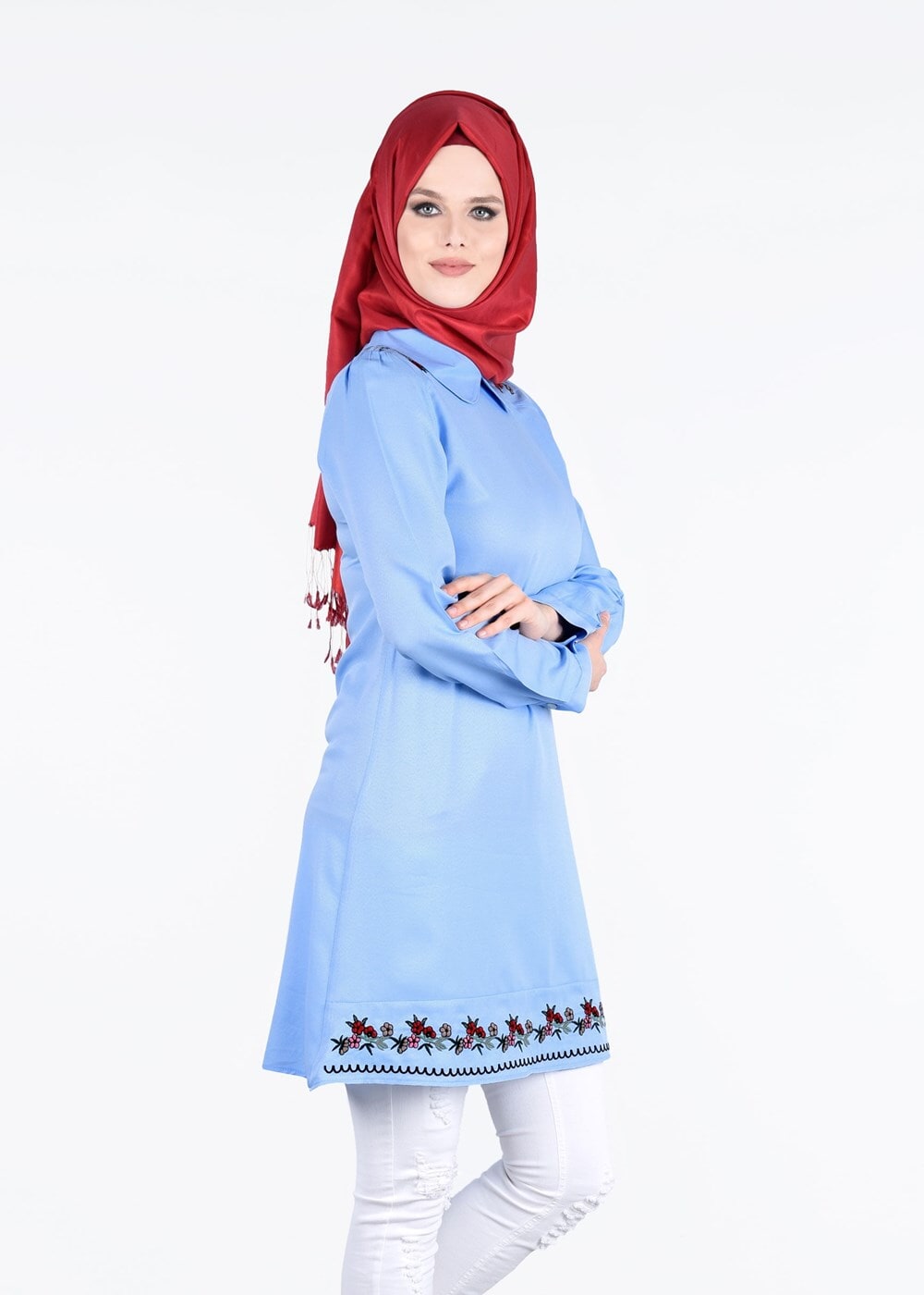 Hijab clothing BLUE T 1994 Yılmazlar-Çiçek Desenli  Tunik