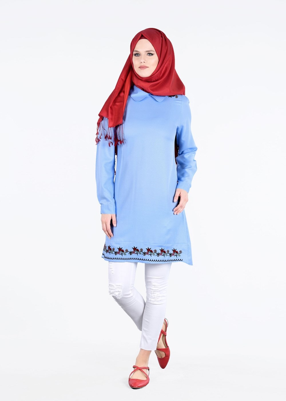 Hijab clothing BLUE T 1994 Yılmazlar-Çiçek Desenli  Tunik