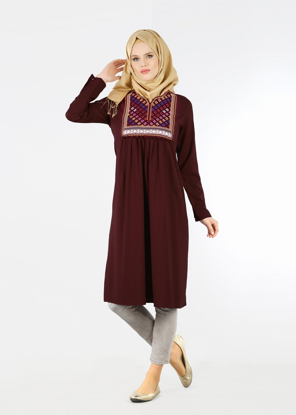 Hijab clothing CLARET RED T 2000 Etnik Desenli Tunik-Yılmazlar